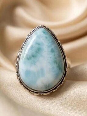 Larimar Ring Teardrop Adjustable Silver Tone Open Back